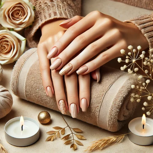 DALL·E 2025-01-06 10.11.01 - A high-quality image featuring a pair of perfectly manicured hands with trendy nail designs, showcasing soft nude colors with subtle golden lines and